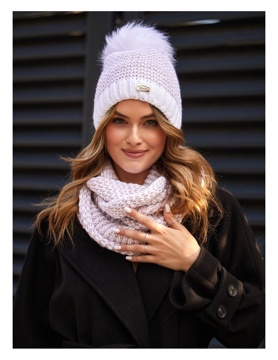 Winter hat set with herringbone neck warmer, white C45 - Online store - Boutique